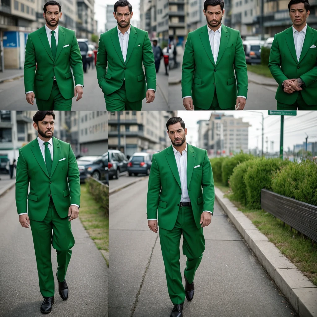 Create an image depicting a man dressed in a green business suit who exhibits excessive concern and consideration towards others in his everyday life. Show him in various daily situations where he demonstrates heightened attentiveness and care for those around him. Capture realistic expressions and gestures that convey his thoughtful and empathetic nature. Set the scenes in typical daily environments to emphasize the relatability and realism of his actions. Ensure the composition convincingly portrays his genuine kindness and attentive demeanor.