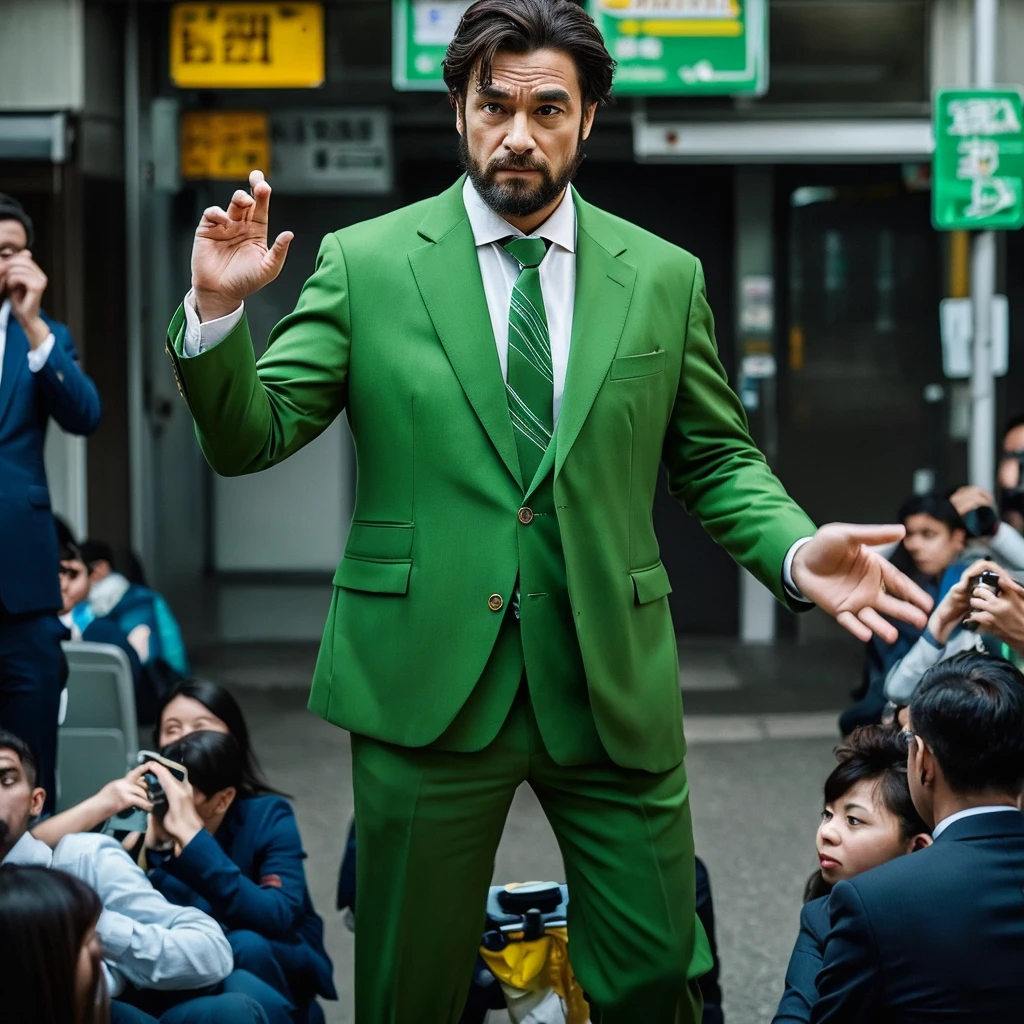 Create an image depicting a man dressed in a green business suit who exhibits excessive concern and consideration towards others in his everyday life. Show him in various daily situations where he demonstrates heightened attentiveness and care for those around him. Capture realistic expressions and gestures that convey his thoughtful and empathetic nature. Set the scenes in typical daily environments to emphasize the relatability and realism of his actions. Ensure the composition convincingly portrays his genuine kindness and attentive demeanor.
