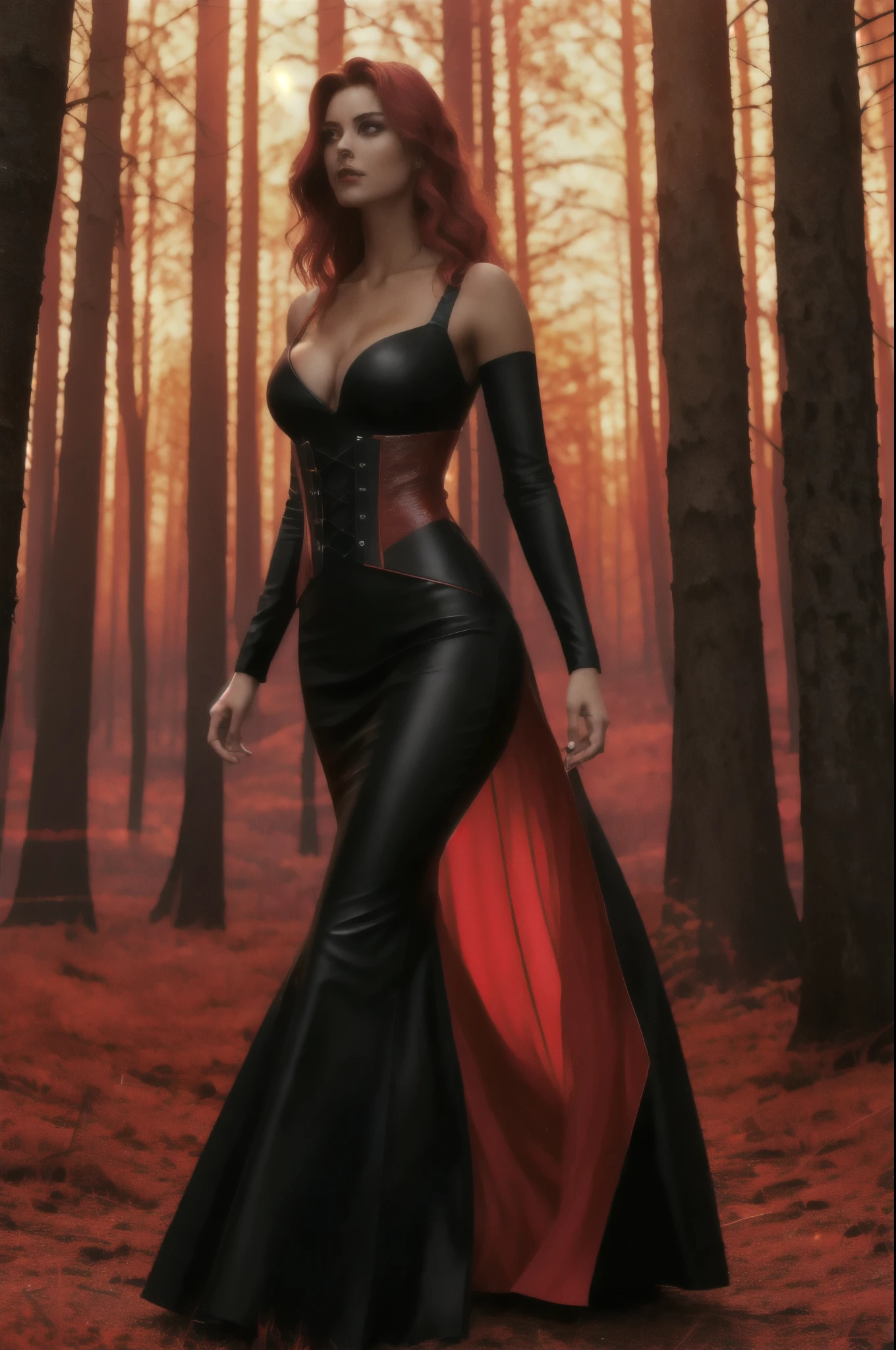 (Extremely detailed 8k wallpaper), a mid shot photo of a powerful sorceress in dark red dress walking in a burning forest at night, complex fire, highly detailed fire, dramatic scene, 25 years old girl, fit girl, cinematic lighting, fireflies, bokeh, smoke, large breasts, burning grounds, dark red and black leather sorceress dress, long red and black leather dress, dark night, fire in dark, in dark, forest at night, trees in flames, burning trees, forest in fire, forest fire, fire tornado, powerful sorceress, female mage, long skirt