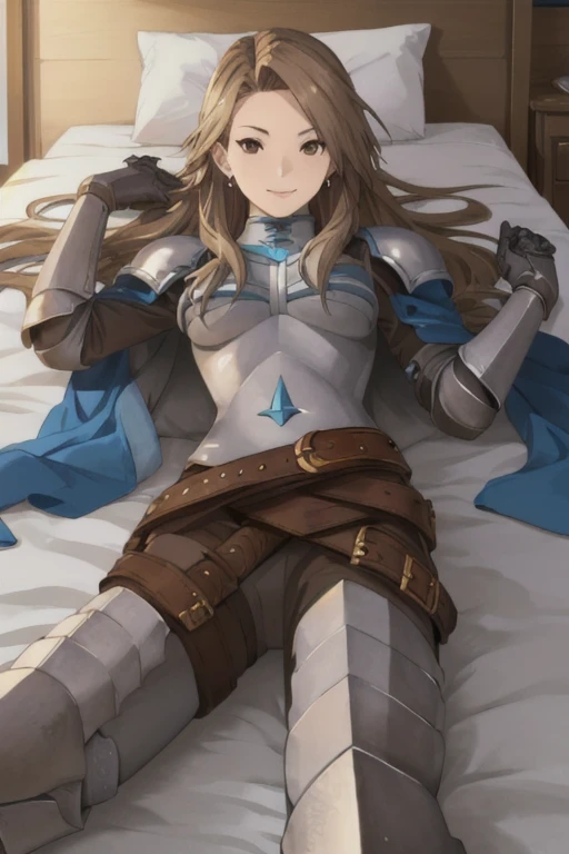 katalina (granblue fantasy), solo, 1girl, armor, gauntlets, belt, breastplate, gloves, shoulder armor, cape, pauldrons, pants, room, smile, lying down, best quality, masterpiece, bed, bedroom 