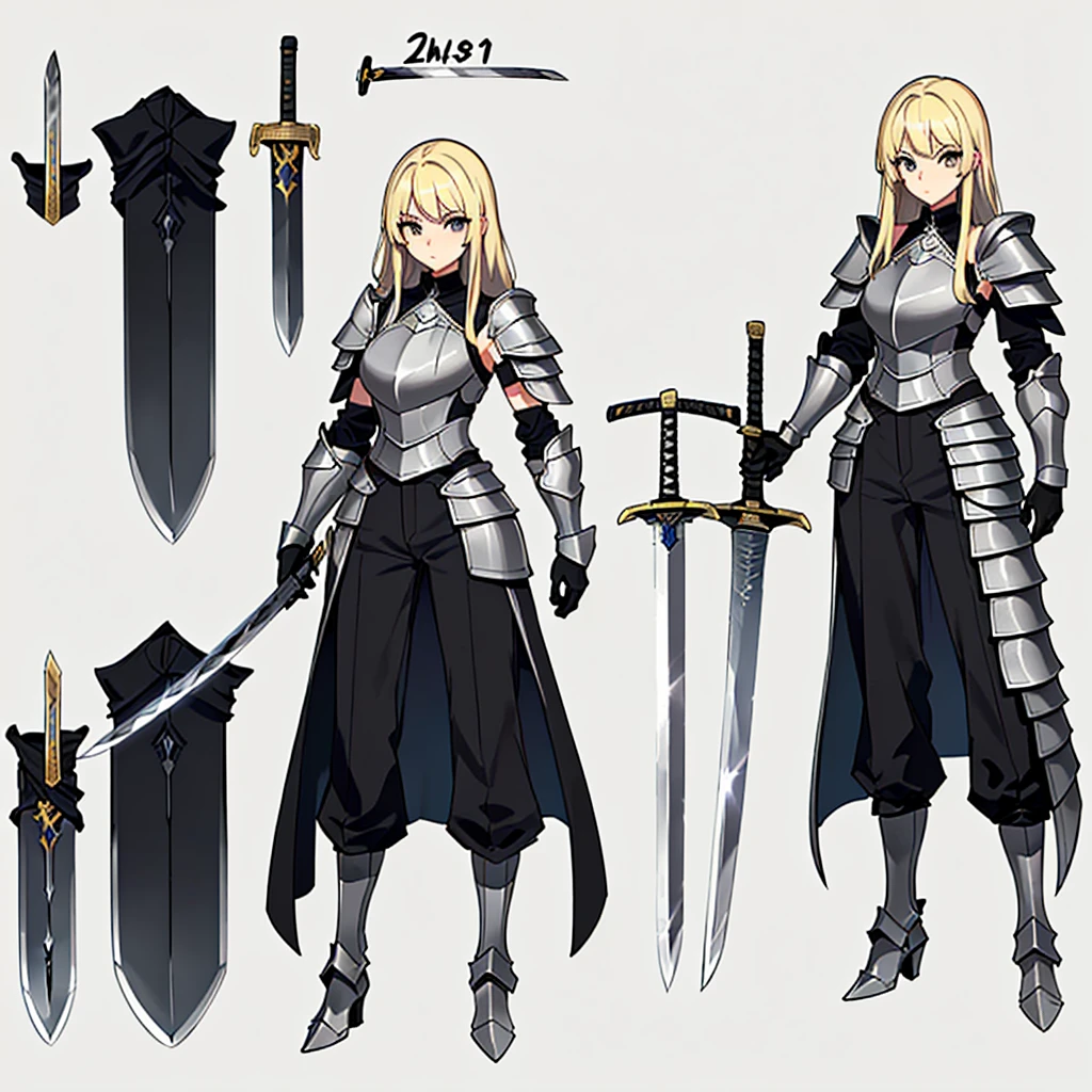 (Full body character concept、detailed)、(((Simple grey armor、Black trousers、Black gloves))、(woman、18-year-old)、(Blonde、Long Hair)、(((Grab the sword)))