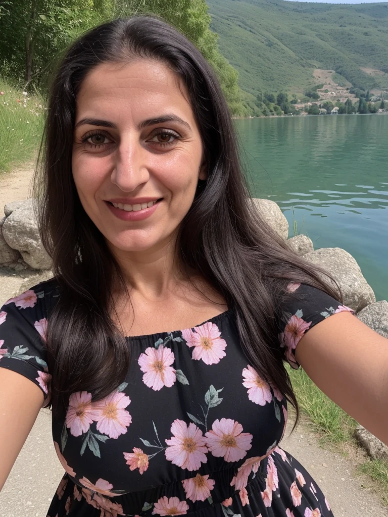 her name is Fatima, a middle-aged Syrian woman, (((snub nose))), (30 years old), (wrinkles), 1girl, solo, (black long hair), smile, wearing floral dress outside shores of LAke Ohrid, close up selfie shot