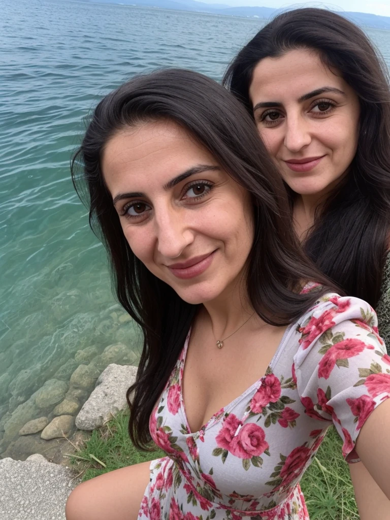 her name is Fatima, a middle-aged Syrian woman, (((snub nose))), (30 years old), (wrinkles), 1girl, solo, (black long hair), smile, wearing floral dress outside shores of LAke Ohrid, close up selfie shot