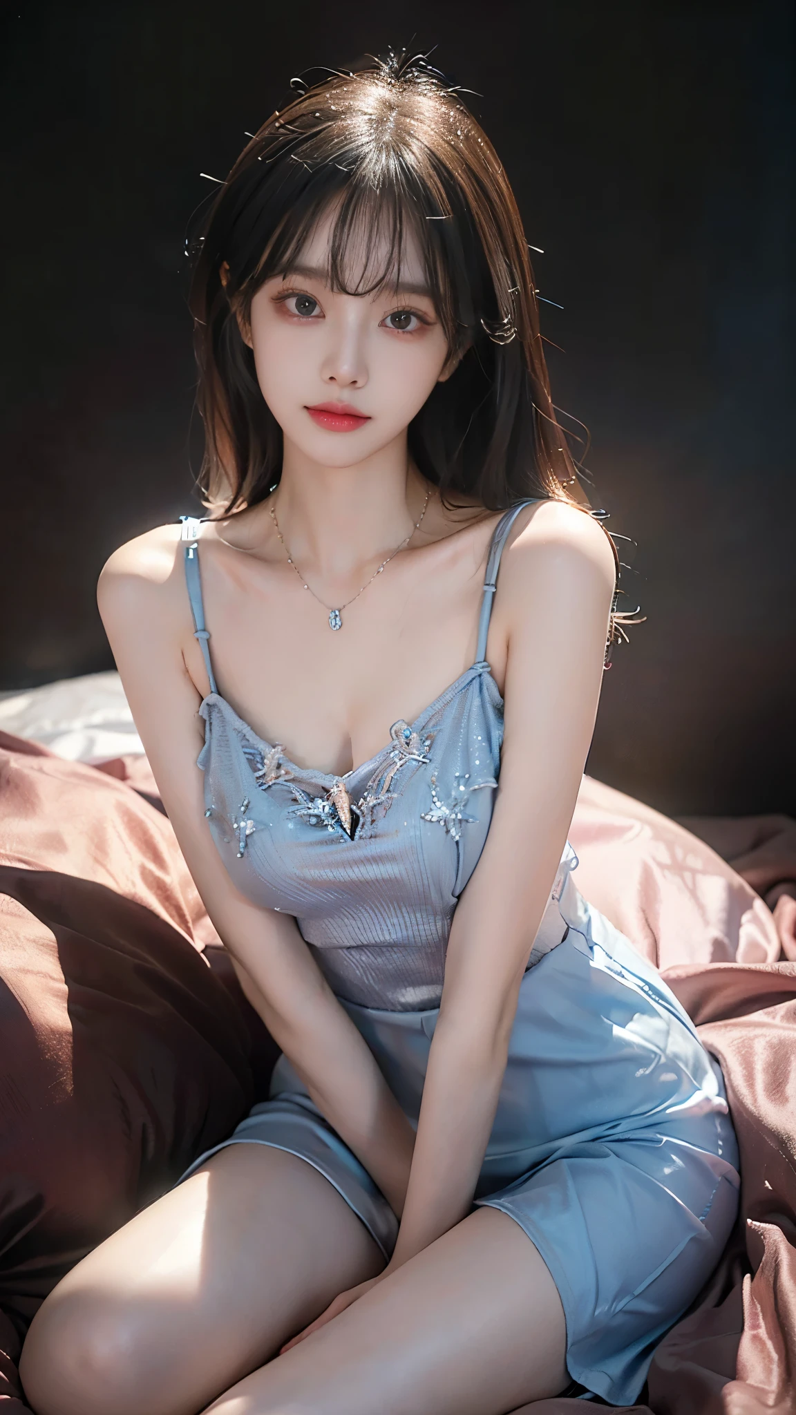 bjyx (manaka him), blue dress, ((whole body)), ((Shot from random angles)), ((Sitting)), ((I-type Valley)), (yushuxin,1 Girl,Solitary), Clear face, Pretty Face, 8K, masterpiece, original photo, best quality, detail:1.2,lifelike, detail, Very detailed, CG, Unite, wallpaper, Depth of Field, Movie Lighting, lens flare, Ray Tracing, (Extremely beautiful face, Beautiful lips, beautiful eyes), complex, detail的脸, ((ultra detailed skin)), 1 girl, in the darkness, Deep Shadows, Beautiful Korean girl, Korean Idol,(Very slim figure:1.3), Full breasts, Large Breasts, Slender sexy legs, Very beautiful legs, Elegant Posture, (A bright smile), (City night, (Neon), (night), Beautiful Korean girl, White Diamond Earrings, Bracelet diameter, Deya Necklace, Clear eyes, (big eyes)