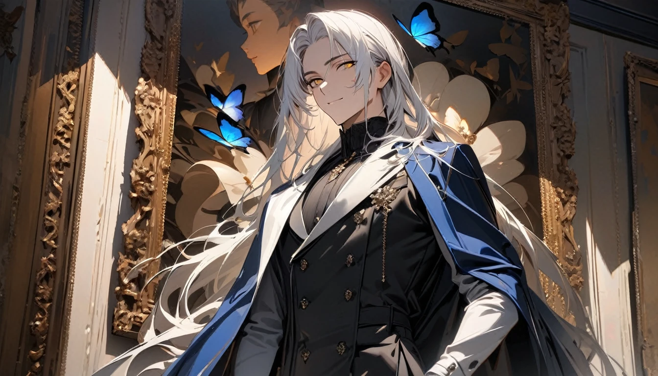 (masterpiece:1.5)，best quality，(1 Handsome man)，alone，white long length hair，(Golden eyes), (A soft smile)，elegant，perfect face，Long black trench coat，white and blue cloth，white leather gloves，white lining，Slightly muscular body，High，8K，Beautiful contrast of light and shadow，Dark luxury background，(complete upper body)，Positive face，luxury screen，Standing in front of the historical oil painting，Exquisite picture frame，((many butterflies))，(Museum)，Museum