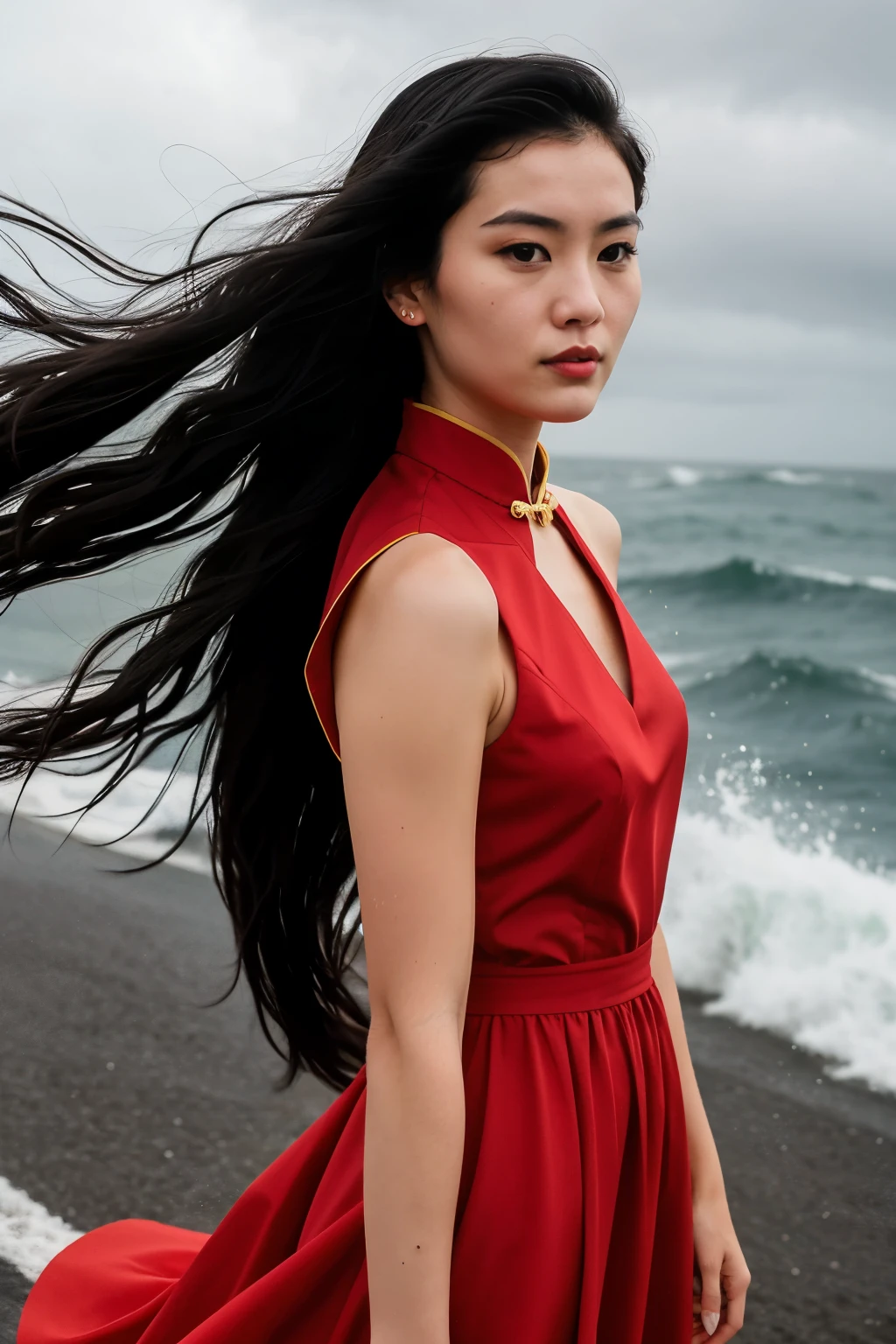 In the midst of a stormy sea, a young woman, 25 years old, stands strong on a seaside road. Her long black hair whips around her face, a stark contrast to her piercing gaze. She wears a red sleeveless qipao dress, its fabric rippling in the wind as she stands her ground against the elements.