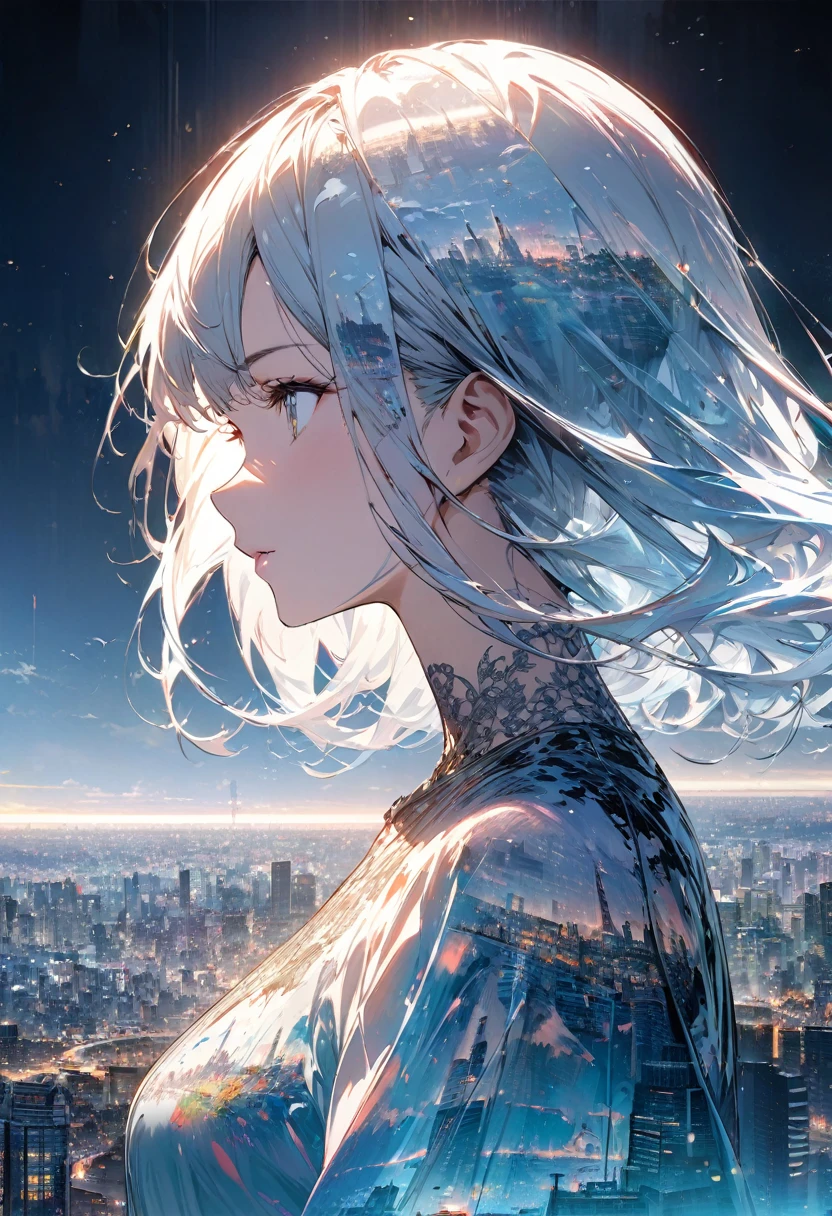 Double exposure of beautiful and delicate lady(Clear and perfect face)image,The background is a super detailed Tokyo city,very suitable, Beautifully, Complex illustrations, Artwork Concept Art Masterpiece, best quality, Very detailed, HD