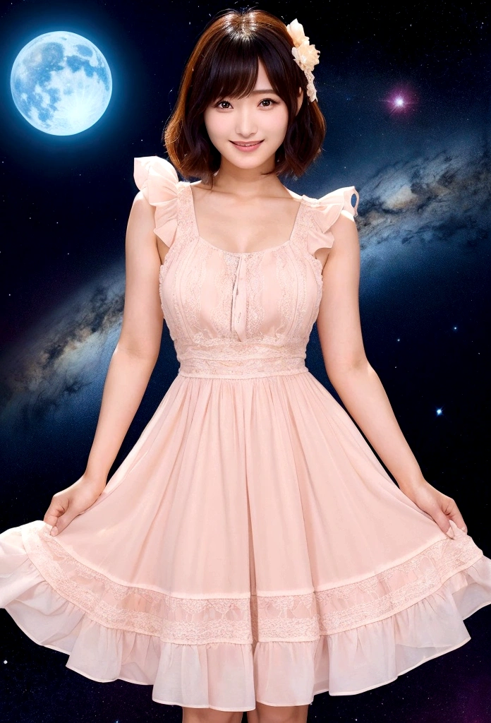 A perfectly beautiful Japanese woman who looks like Haruka Ayase、Wearing a dress with a large opening that shows off her bodyline、Smile、whole body