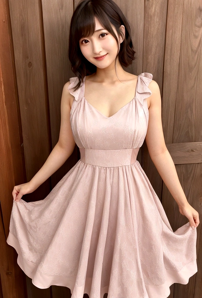 A perfectly beautiful Japanese woman who looks like Haruka Ayase、Wearing a dress with a large opening that shows off her bodyline、Smile、whole body