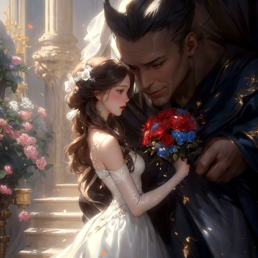 Illustration of a woman wearing a white dress and holding a bouquet of flowers, Magalie Villeneuve', Disney style art, Beauty and the Beast, Magalie Villeneuve와 모네, Romantic art style, 그래픽 아티스트 magali villeneuve, Magalie Villeneuve(magali villeneuve), love concept art, Disney Art, Art by Wlop and Greg Rutkowski