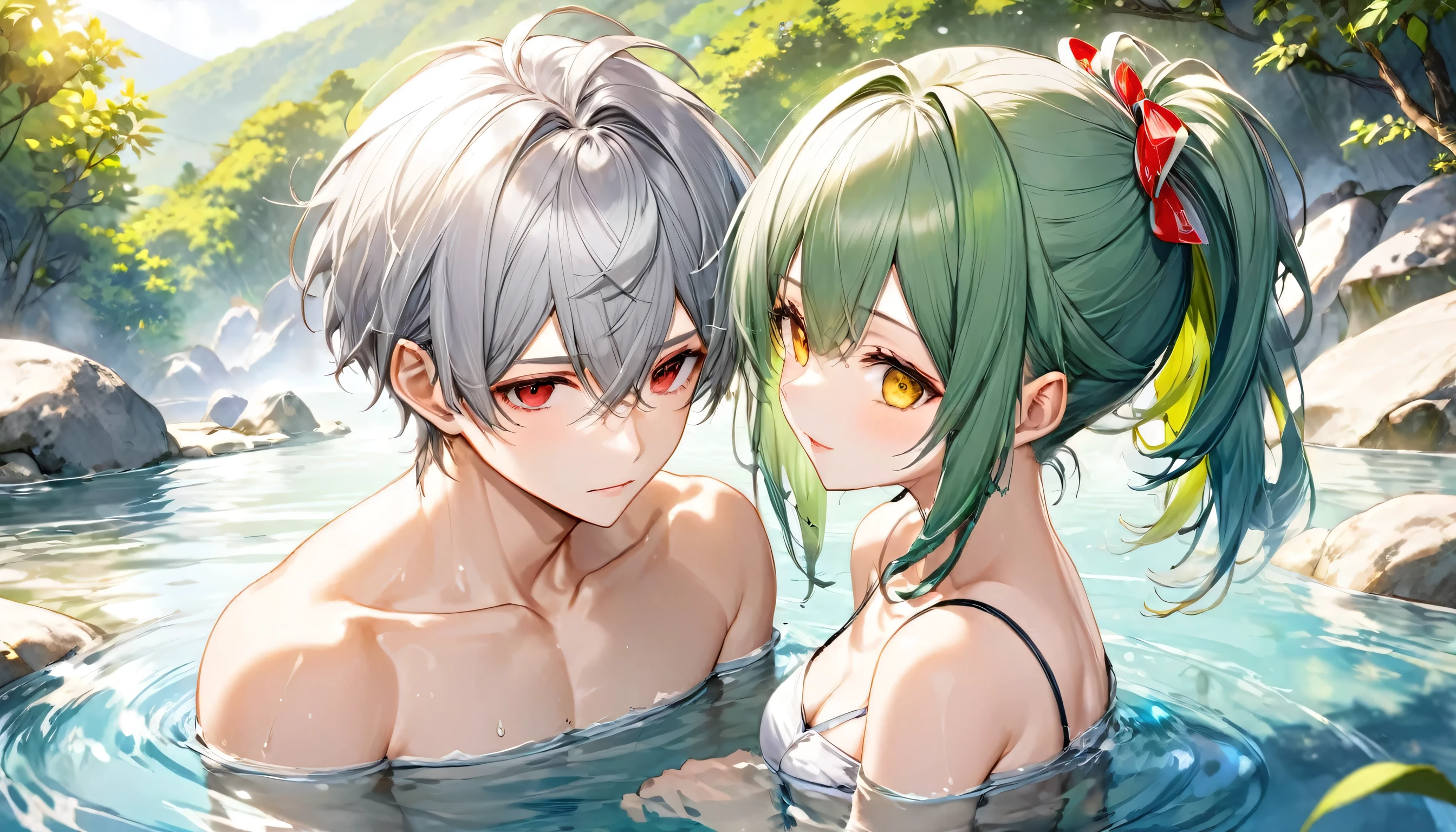 (relax bathing style) (a 16 yo, crew cut silver hair very short hair divine fighter boy, cool red eyes) and (a 15 yo, green ponytail hair long hair cute girl, cute yellow eyes), break,  (in the very large natural hot spring, background nature), BREAK, perfect anatomy, masterpiece, best quality, 16k, beautiful detailed grow, daydreaming expression.