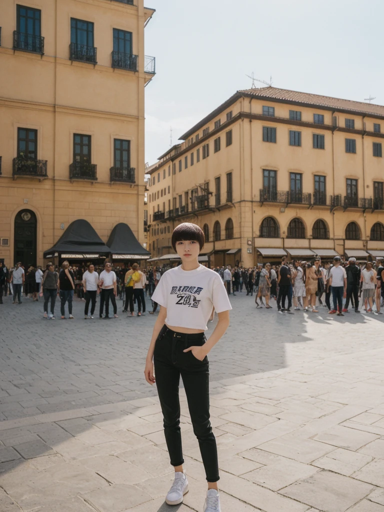 her name is Asako, high quality, 1girl, ((20-year-old fit Caucasian woman)), ((20 years old)), ((slim)), ((Edgy Bowl Cut hair)), pose: standing, wearing edgy Generation-Z modern wear bright colored, BACKGROUND:In the Plaza Mayor, surrounded by grand arcaded buildings and vibrant street performers.