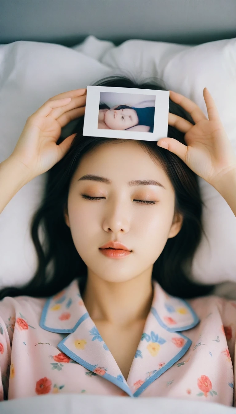 Close up of beautiful Korean woman, 34 inch chest size,Wearing pajamas, Lying in bed and closing my eyes, polaroid photo, short hairUH