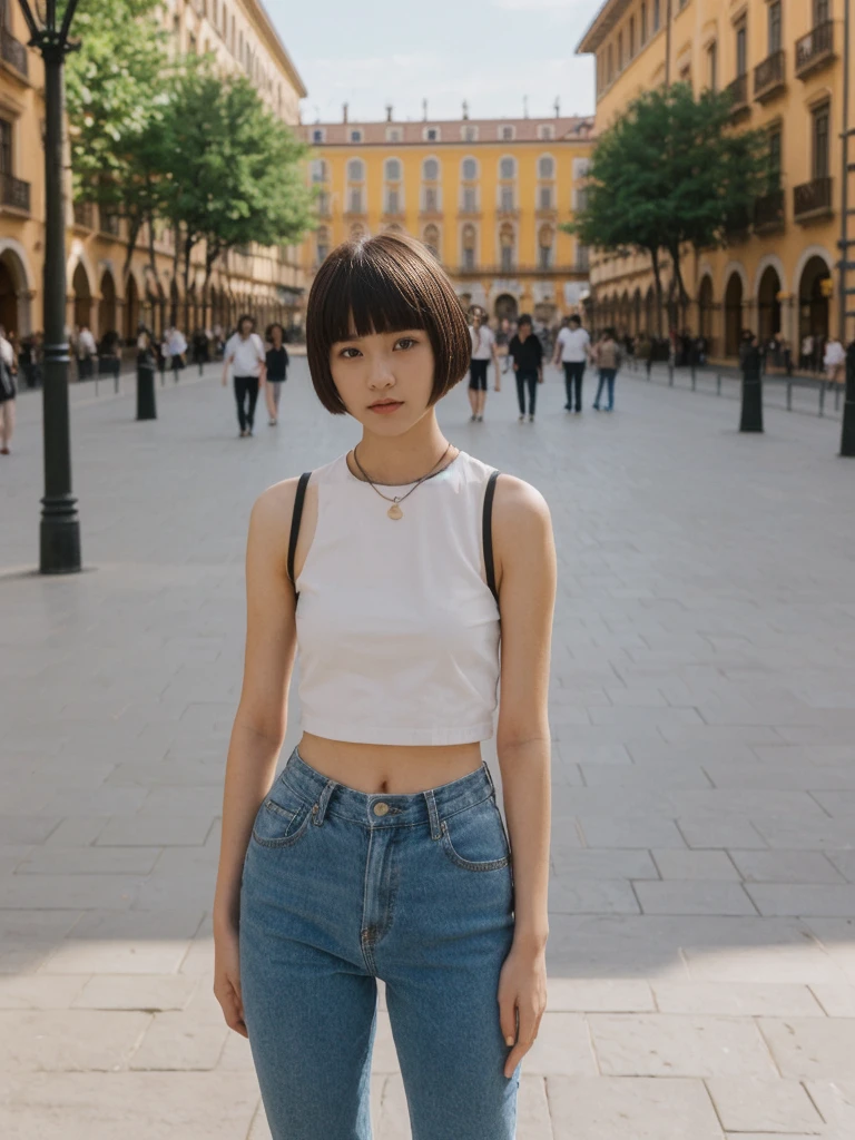 her name is Asako, high quality, 1girl, ((20-year-old fit Caucasian woman)), ((20 years old)), ((slim)), ((Edgy Bowl Cut hair)), pose: standing, wearing edgy Generation-Z modern wear bright colored, BACKGROUND:In the Plaza Mayor, surrounded by grand arcaded buildings and vibrant street performers.