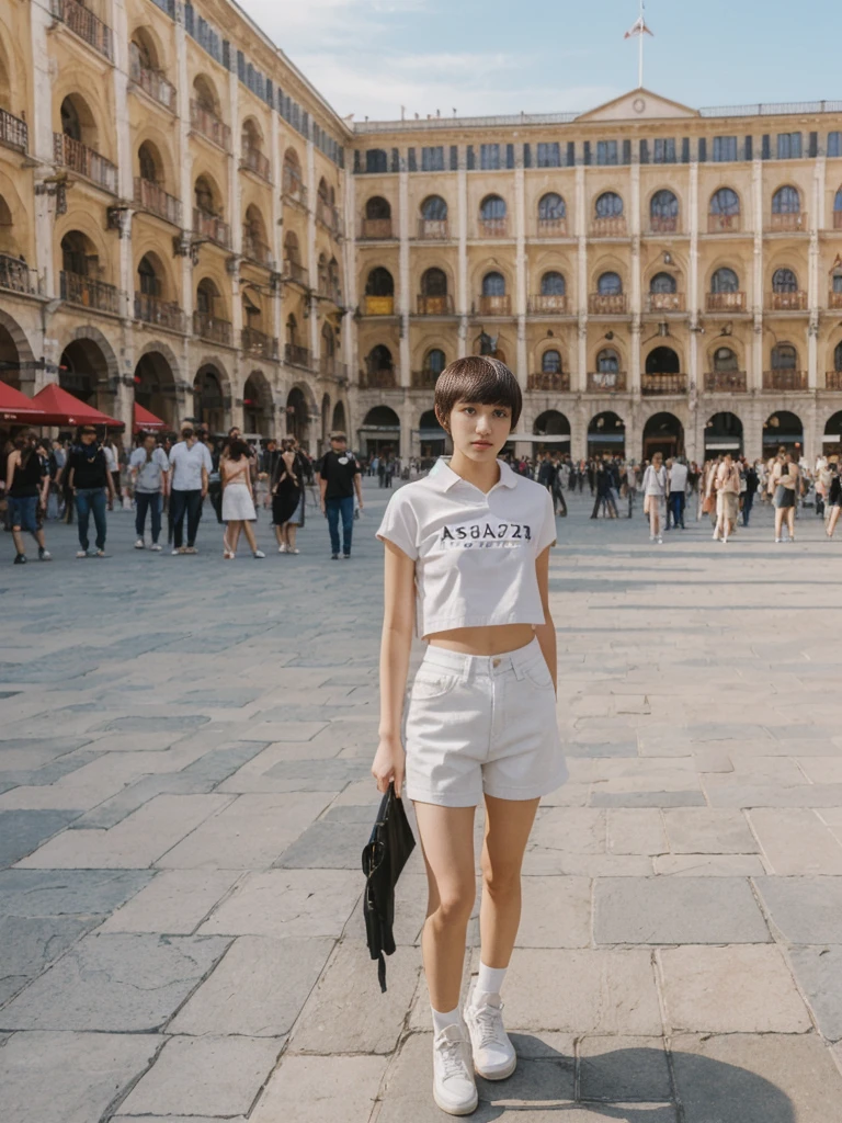 her name is Asako, high quality, 1girl, ((20-year-old fit Caucasian woman)), ((20 years old)), ((slim)), ((Edgy Bowl Cut hair)), pose: standing, wearing edgy Generation-Z modern wear bright colored, BACKGROUND:In the Plaza Mayor, surrounded by grand arcaded buildings and vibrant street performers.