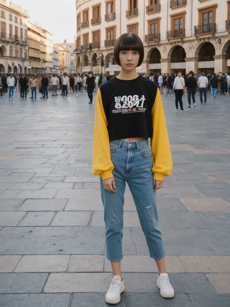 her name is Asako, high quality, 1girl, ((20-year-old fit Caucasian woman)), ((20 years old)), ((slim)), ((Edgy Bowl Cut hair)), pose: standing, wearing edgy Generation-Z modern wear bright colored, BACKGROUND:In the Plaza Mayor, surrounded by grand arcaded buildings and vibrant street performers.