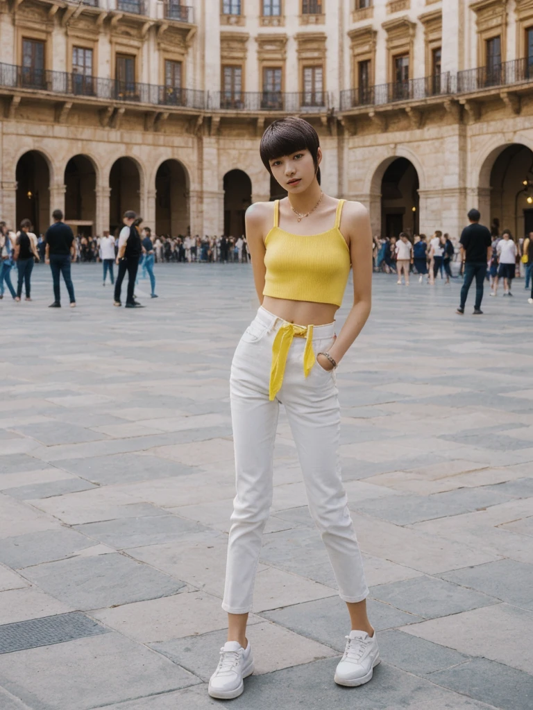 her name is Asako, high quality, 1girl, ((20-year-old fit Caucasian woman)), ((20 years old)), ((slim)), ((Edgy Bowl Cut hair)), pose: standing, wearing edgy Generation-Z modern wear bright colored, BACKGROUND:In the Plaza Mayor, surrounded by grand arcaded buildings and vibrant street performers.