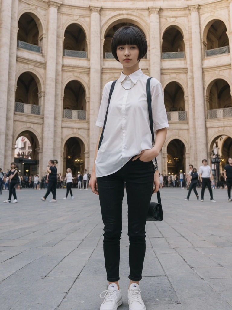 her name is Asako, high quality, 1girl, ((20-year-old fit Caucasian woman)), ((20 years old)), ((slim)), ((Edgy Bowl Cut hair)), pose: standing, wearing edgy Generation-Z modern wear bright colored, BACKGROUND:In the Plaza Mayor, surrounded by grand arcaded buildings and vibrant street performers.