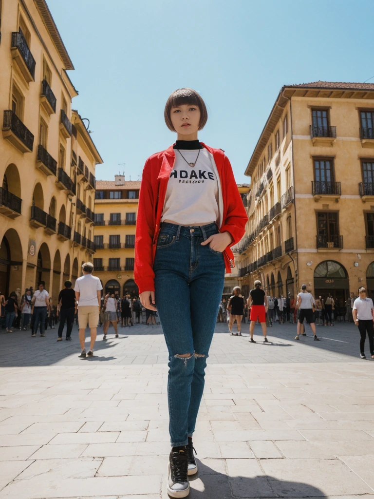 her name is Asako, high quality, 1girl, ((20-year-old fit Caucasian woman)), ((20 years old)), ((slim)), ((Edgy Bowl Cut hair)), pose: standing, wearing edgy Generation-Z modern wear bright colored, BACKGROUND:In the Plaza Mayor, surrounded by grand arcaded buildings and vibrant street performers.
