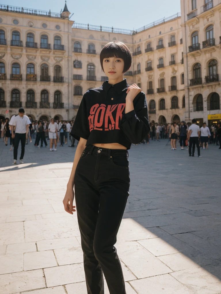 her name is Asako, high quality, 1girl, ((20-year-old fit Caucasian woman)), ((20 years old)), ((slim)), ((Edgy Bowl Cut hair)), pose: standing, wearing edgy Generation-Z modern wear bright colored, BACKGROUND:In the Plaza Mayor, surrounded by grand arcaded buildings and vibrant street performers.