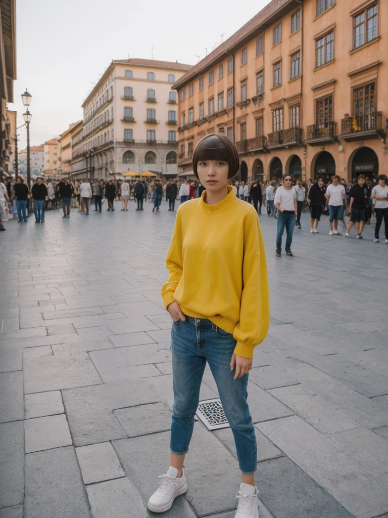 her name is Asako, high quality, 1girl, ((20-year-old fit Caucasian woman)), ((20 years old)), ((slim)), ((Edgy Bowl Cut hair)), pose: standing, wearing edgy Generation-Z modern wear bright colored, BACKGROUND:In the Plaza Mayor, surrounded by grand arcaded buildings and vibrant street performers.