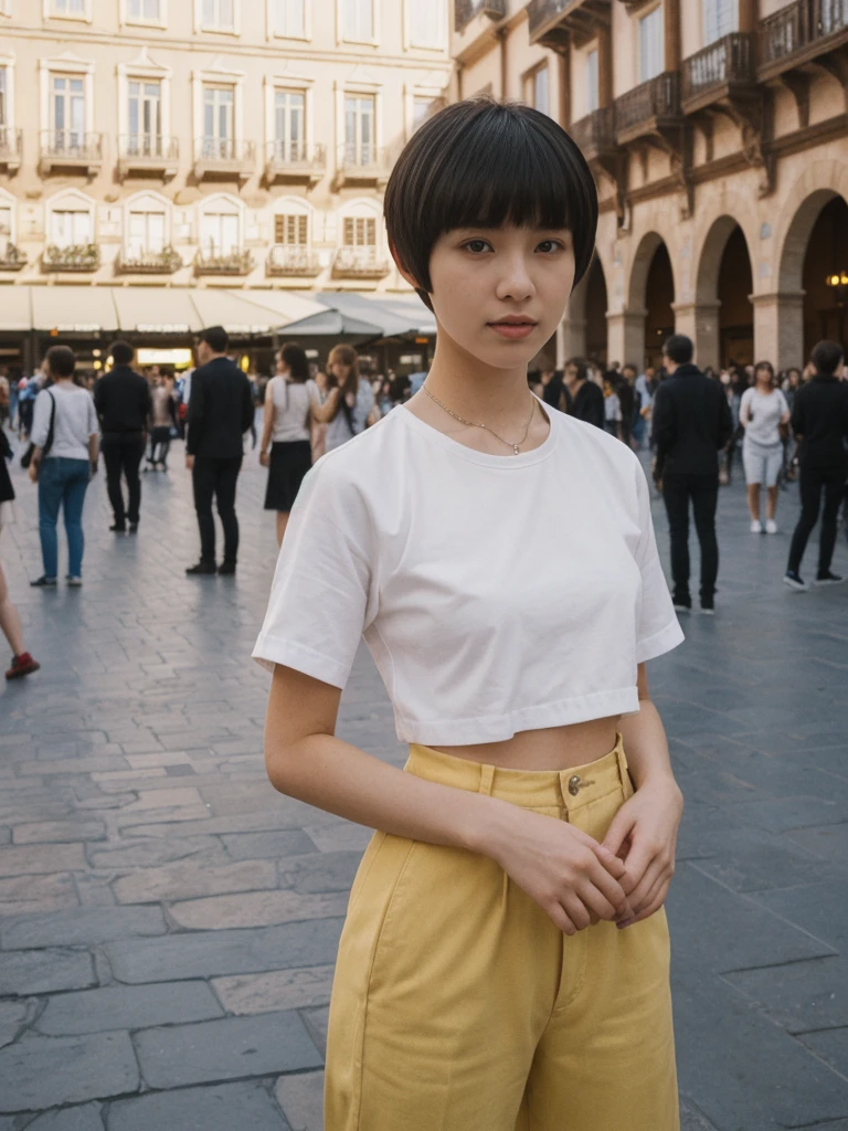 her name is Asako, high quality, 1girl, ((20-year-old fit Caucasian woman)), ((20 years old)), ((slim)), ((Edgy Bowl Cut hair)), pose: standing, wearing edgy Generation-Z modern wear bright colored, BACKGROUND:In the Plaza Mayor, surrounded by grand arcaded buildings and vibrant street performers.