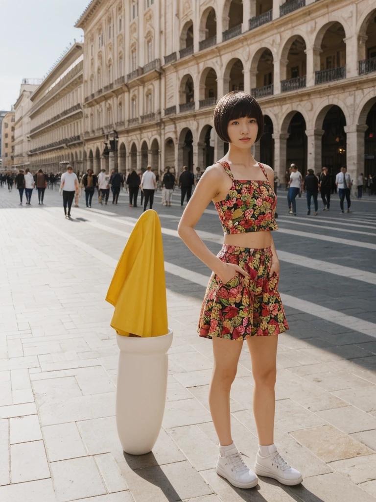 her name is Asako, high quality, 1girl, ((20-year-old fit Caucasian woman)), ((20 years old)), ((slim)), ((Edgy Bowl Cut hair)), pose: standing, wearing edgy Generation-Z modern wear bright colored, BACKGROUND:In the Plaza Mayor, surrounded by grand arcaded buildings and vibrant street performers.