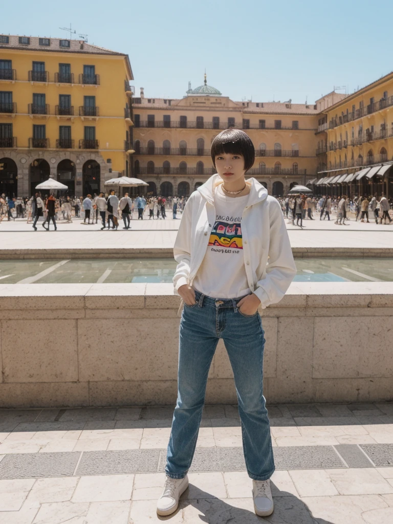her name is Asako, high quality, 1girl, ((20-year-old fit Caucasian woman)), ((20 years old)), ((slim)), ((Edgy Bowl Cut hair)), pose: standing, wearing edgy Generation-Z modern wear bright colored, BACKGROUND:In the Plaza Mayor, surrounded by grand arcaded buildings and vibrant street performers.