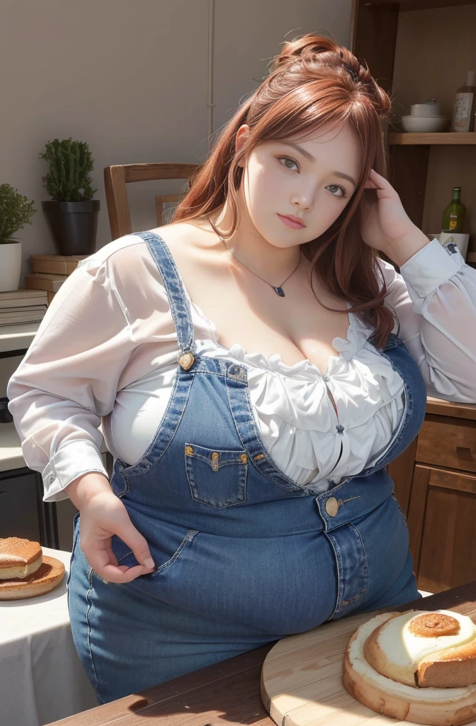 Makima de l'anime "chainsaw man", bbwchan, corps entier, magnifique et ultra détaillée. Ssbbw, obésité morbide, Cheveux rouges, yeux jaunes, visage gras, visage ultra détaillé et doux. Chemise, jupe en jean, pose dynamique, soleil, gros ventre rond et moux débordant sur la table