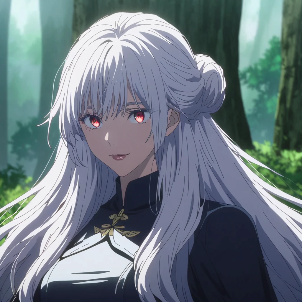 1girl, anime screencap from jujutsu kaisen, solo, very long_hair, ((smooth texture hair)) purple eyes, ((long hair, white hair, hair bun , red_eye)), breasts, upper_body, smile, forest background, red_eyes, lips, ((long white hair, elegant hairstyle, hair bun ,red_eye)) wearing black color clothes, breast, "very detailed and high resolution" (red eyes) ((cross arms)) ((smooth texture hair)) ((solo)) ((high resolution)) (Good quality)