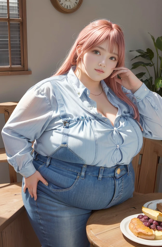 Makima de l'anime "chainsaw man", bbwchan, corps entier, magnifique et ultra détaillée. Ssbbw, obésité morbide, Cheveux rouges, yeux jaunes, visage gras, visage ultra détaillé et doux. Chemise, jupe en jean, pose dynamique, soleil, gros ventre rond et moux débordant sur la table