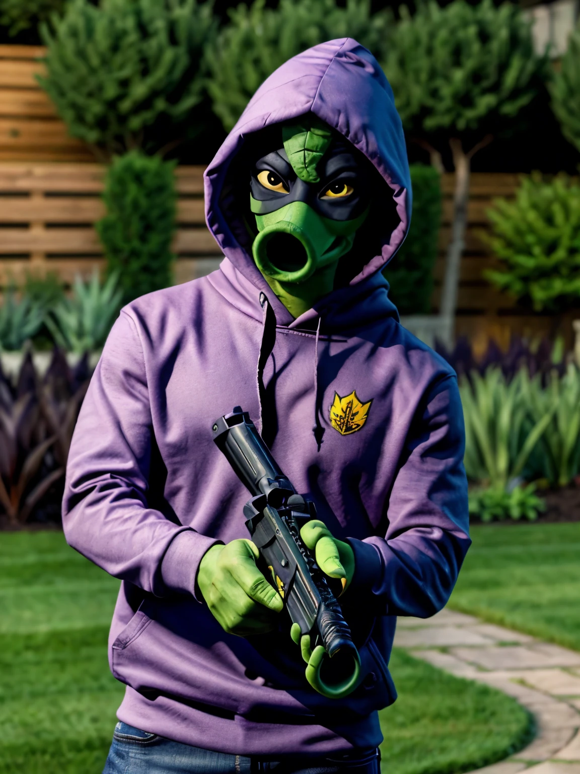 cool color, greenshadowPVZ, solo, no humans, colored skin, green skin, black eyes, mask, white hood, hood up, cape, leaf, holding gun, detailed art, on garden