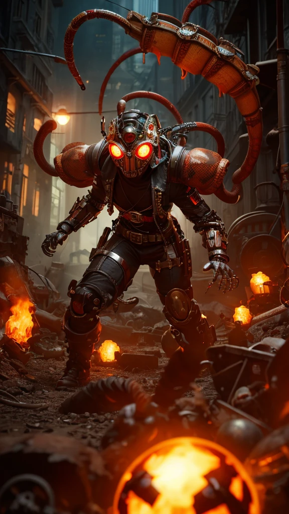 3D rendering, toy, steampunk style, tarantula, skull, countless poisonous snakes wriggling around the head, translucent, four glowing red eyes, monster, powered suit, villain cyborg, invader, toxic substance, full body image, digital image.