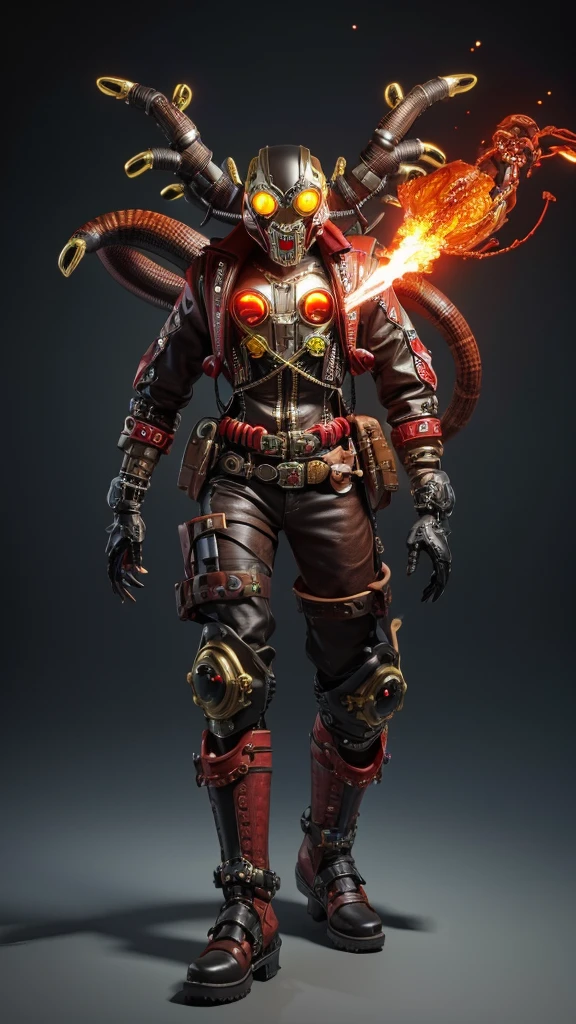 3D rendering, toy, steampunk style, tarantula, skull, countless poisonous snakes wriggling around the head, translucent, four glowing red eyes, monster, powered suit, villain cyborg, invader, toxic substance, full body image, digital image.