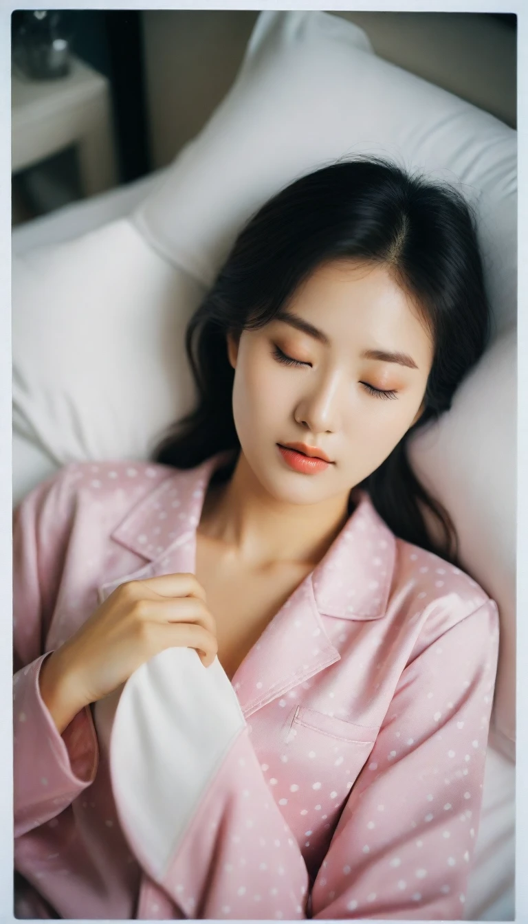 Close up of beautiful Korean woman, 34 inch chest size,Wearing pajamas, Lying in bed and closing my eyes, polaroid photo, short hairUH