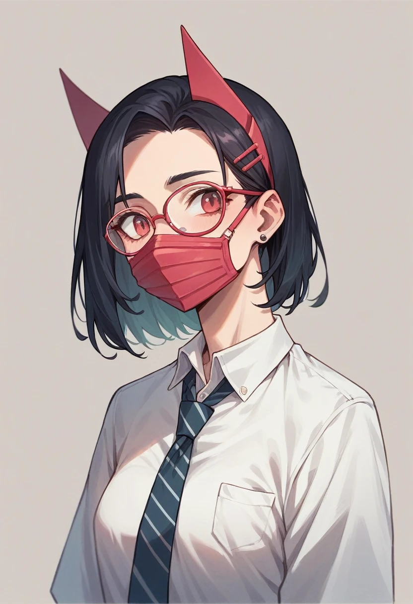 A high school girl who wears glasses and a pink mask with red strings. She likes a snack called Alfort.