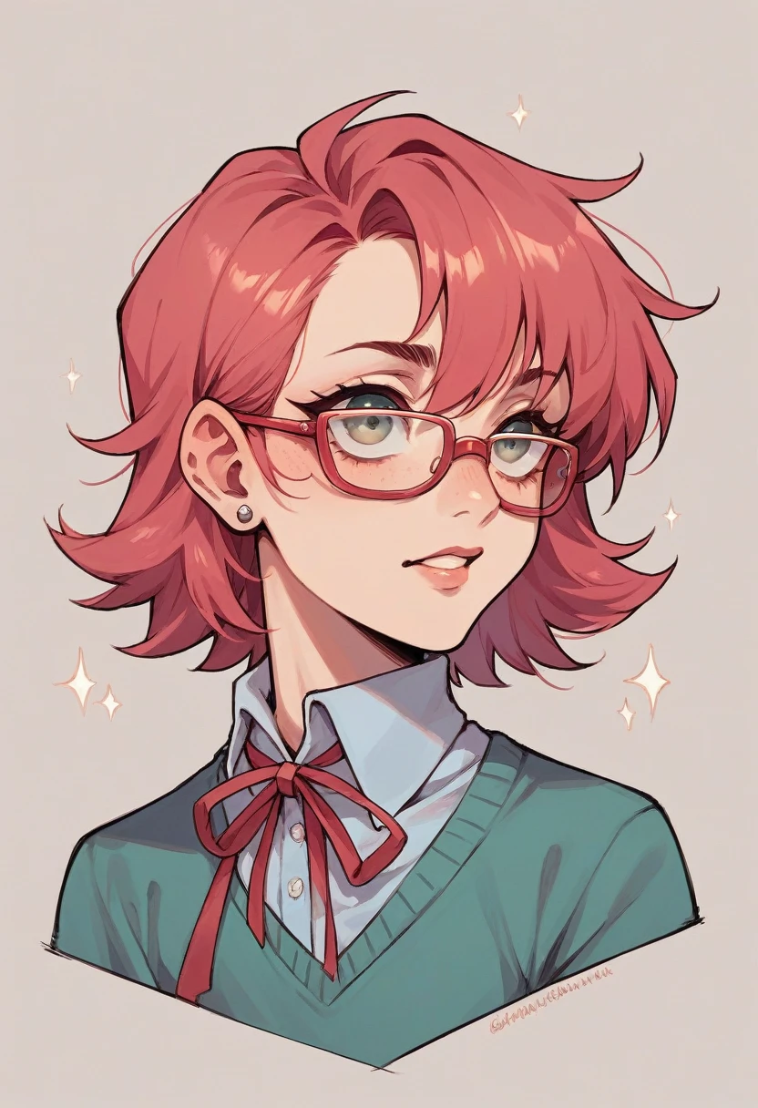 A high school girl who wears glasses and a pink mask with red strings. She likes a snack called Alfort.