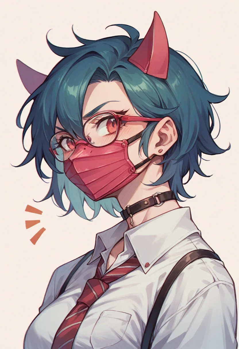 A high school girl who wears glasses and a pink mask with red strings. She likes a snack called Alfort.