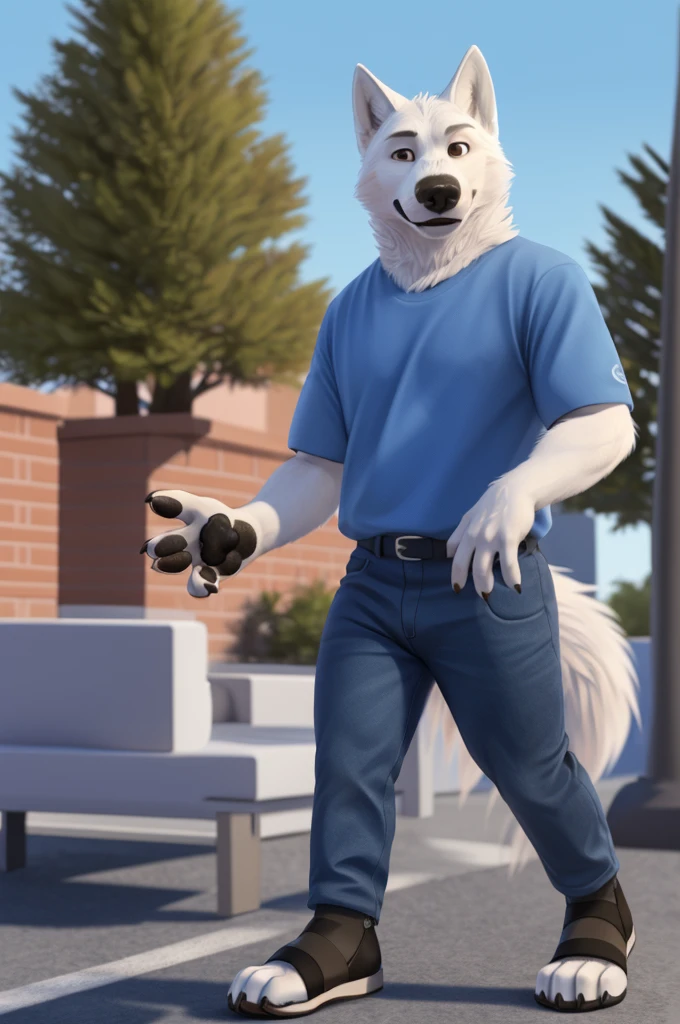Varvara\(Moscow\), (white body:1.3), white fur, Brown eyes, Moscow, dressed, T-shirt, jeans, women's black sandals dog, wolf, Detailed fur, Woman, chest, anthro, paw pads, nails, treats guests, waving to the viewer, 5 fingers, paws, 4 toes, ring, white wolf cub walking with his newborn son, from Nextel, for dating, from Xenoforge, (complex, high detail, shooting, soft focus, RAW sitting at home, 
Photorealism, realism, photorealism, digital style, Subsurface scattering,
masterpiece, Best quality, ultra realistic, 8k)