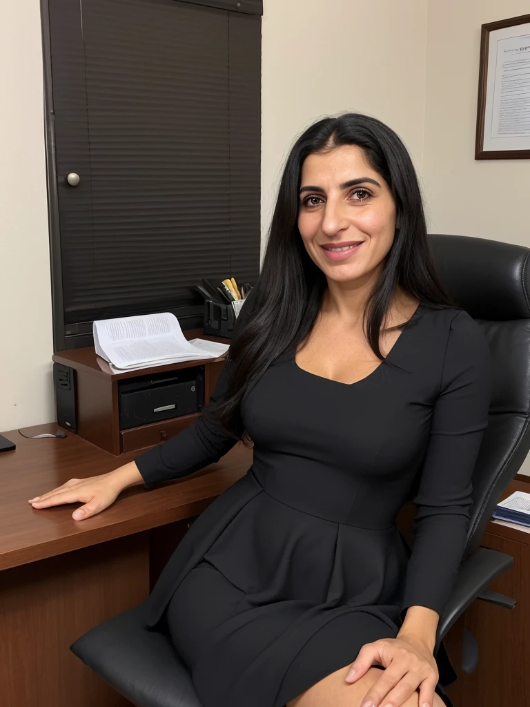 her name is Fatima, a middle-aged Syrian woman, (((snub nose))), (30 years old), (wrinkles), 1girl, solo, (black long hair), smile, wearing peplum dress inside her office, sitting, wide shot, upper body and upper legs