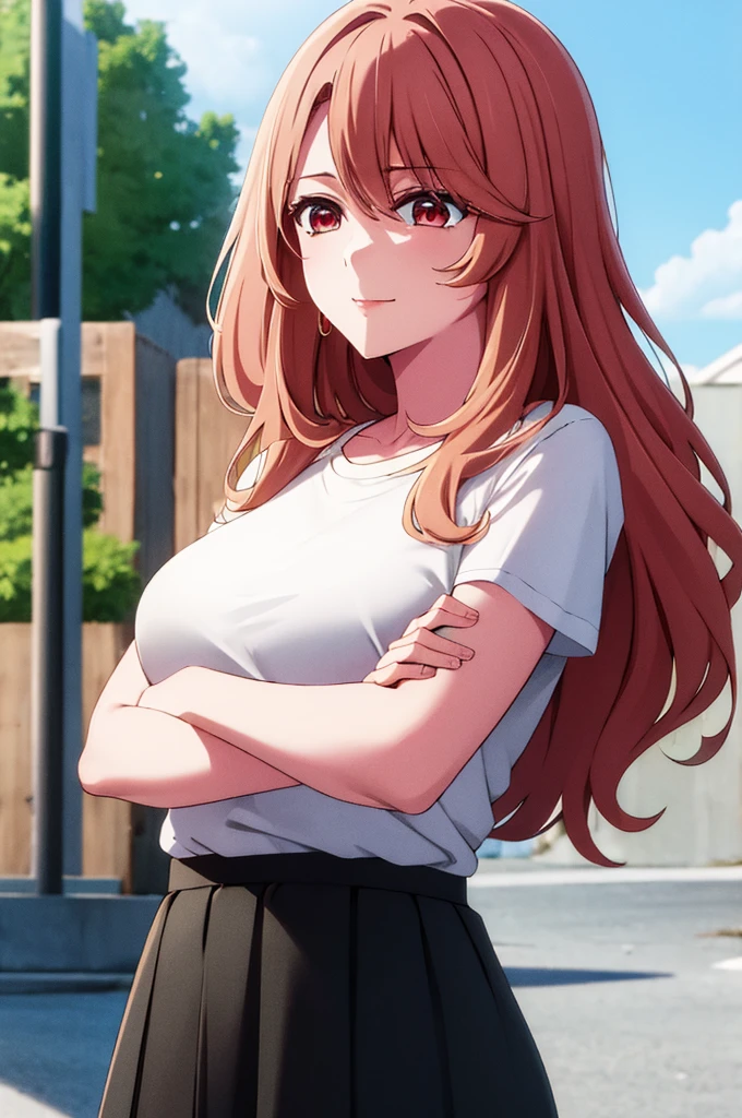 (masterpiece:1.4), (best quality:1.1), (8k, ultra detailed, ultra high res:1.2), ((anime style)), (perfect 5 fingers:1.1), perfect anatomy, 
1girl,
Miyako Saitou, 
BREAK long hair, wavy hair, 
BREAK strawberry blonde hair, 
(red eyes, empty eyes, smile, t-shirt, black skirt), 
BREAK (large breasts:0.9), looking at viewer, 
BREAK cowboy shot, standing, crossed arms, 
(outdoors, outside, sunny:1.1),  