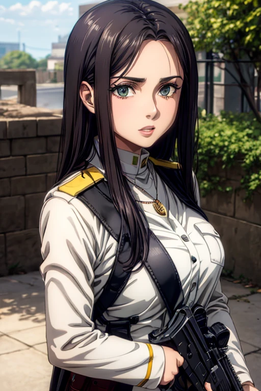 30 year old woman, long black hair, greeneyes, neutral expression, necklace on the neck, White military uniform, holding gun, liberia