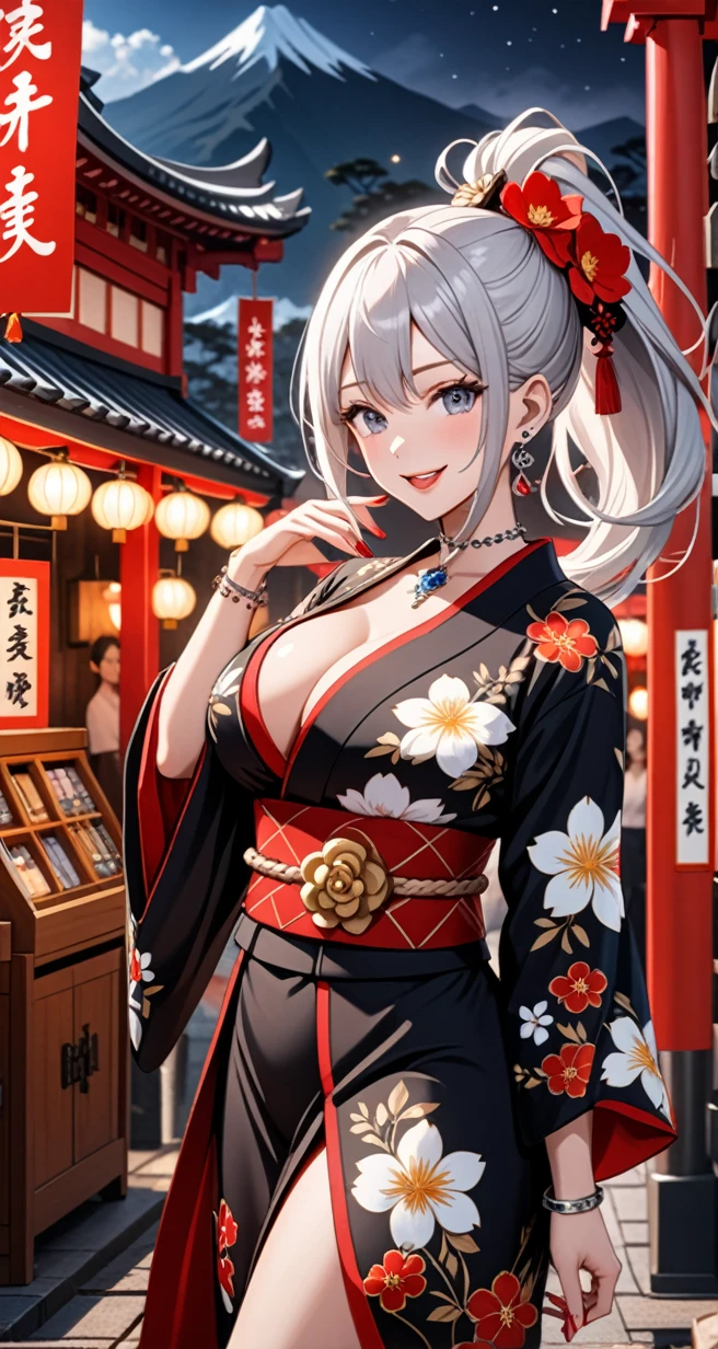 ((one girl)), hyper detailed, absurdres, 8K,Cute face, Beautiful Face, ((Doing sexy poses:1.4)), ((laugh:1.8)), ((Wink:1.8)), (Laugh with your mouth wide open),(Tilt your head:1.3), View your viewers, ((Bright red cheeks:1.6)),Glossy Red Lips, ((Big Breasts:1.4)) night, Shrine festival stalls, (Brighten your face), ((Anime style background)),masterpiece, Highest quality, so beautiful,Latest, Complex details, (Pink long nails), (nail art), (ring),(bracelet), (helix piercing:1.7), (Floral Choker),AI-generated, Complex,High resolution, Highest quality, super high quality,3D Images、3D Images,One person,Long white hair,(High Ponytail), Anime woman posing for a photo,((silver eyes:1.6)), ((Fine grain、blue eyes、Shining Eyes:1.3)), (Squint your eyes:1.1),a hyperRealistic , hyperRealistic , Realistic,Anime woman with long white hair, Smooth anime CG art, With gold embroidery、A girl in a gorgeous kimono, ((Black long sleeve kimono:1.3)),(Red large floral pattern) ,Long flower hair ornament,(black high heel sandals), Floral Earrings,Mature Body, expensive,Abdominal muscles,Tight waist,((full body:1.3)), (front view),