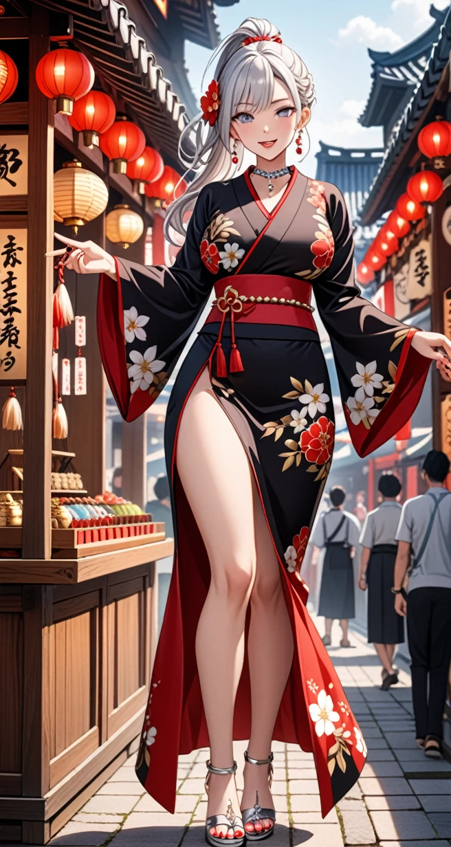 ((one girl)), hyper detailed, absurdres, 8K,Cute face, Beautiful Face, ((Doing sexy poses:1.4)), ((laugh:1.8)), ((Wink:1.8)), (Laugh with your mouth wide open),(Tilt your head:1.3), View your viewers, ((Bright red cheeks:1.6)),Glossy Red Lips, ((Big Breasts:1.4)) night, Shrine festival stalls, (Brighten your face), ((Anime style background)),masterpiece, Highest quality, so beautiful,Latest, Complex details, (Pink long nails), (nail art), (ring),(bracelet), (helix piercing:1.7), (Floral Choker),AI-generated, Complex,High resolution, Highest quality, super high quality,3D Images、3D Images,One person,Long white hair,(High Ponytail), Anime woman posing for a photo,((silver eyes:1.6)), ((Fine grain、blue eyes、Shining Eyes:1.3)), (Squint your eyes:1.1),a hyperRealistic , hyperRealistic , Realistic,Anime woman with long white hair, Smooth anime CG art, With gold embroidery、A girl in a gorgeous kimono, ((Black long sleeve kimono:1.3)),(Red large floral pattern) ,Long flower hair ornament,(black high heel sandals), Floral Earrings,Mature Body, expensive,Abdominal muscles,Tight waist,((full body:1.3)), (front view),
