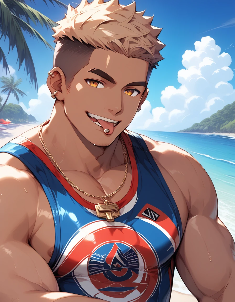 score_9, score_8, score_7, 8K,masterpiece, detailed, source_anime, (hyperdetailed face),(Ultra-detailed eyes)、 {{masterpiece, Best Quality, Highly detailed}}、(Detailed: 1.2), (Very detailed and beautiful: 1.1)、40 yo daddy, gay, bara, solo male, mature male, muscular, dark skin, blond hair, manly, gaudy, soft smile, pierced earrings, crew cut hair, tongue piercing, Yankee, beach, sexy men's swimwear