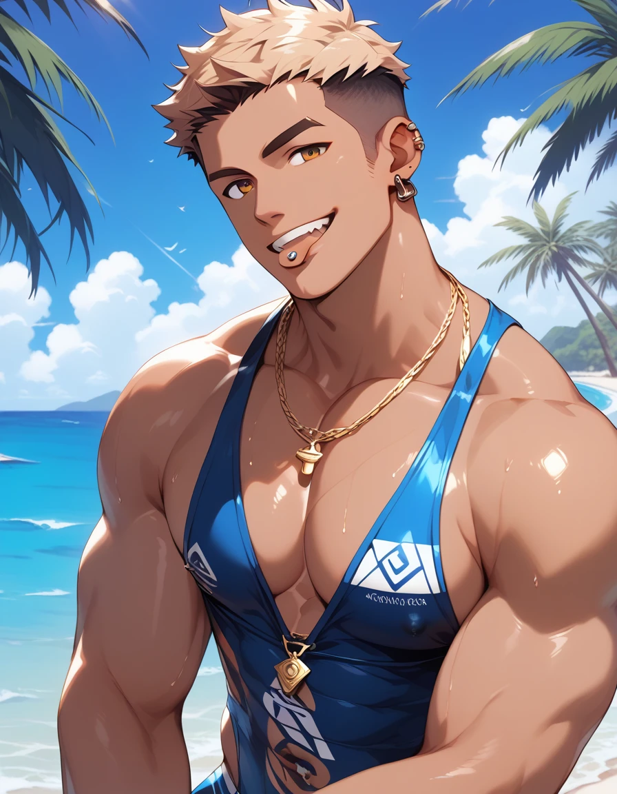 score_9, score_8, score_7, 8K,masterpiece, detailed, source_anime, (hyperdetailed face),(Ultra-detailed eyes)、 {{masterpiece, Best Quality, Highly detailed}}、(Detailed: 1.2), (Very detailed and beautiful: 1.1)、40 yo daddy, gay, bara, solo male, mature male, muscular, dark skin, blond hair, manly, gaudy, soft smile, pierced earrings, crew cut hair, tongue piercing, Yankee, beach, sexy men's swimwear
