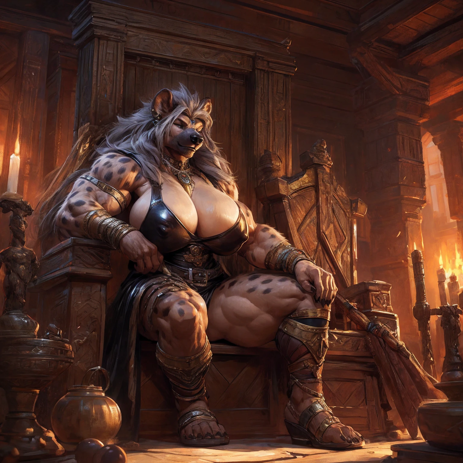 uploaded to e621.net, masterpiece, 8k, hyena woman, matriarch, female, beige fur, spots, gray hair, buff, muscular, barbarian queen, (leather clothing:1.3), wooden throne, wooden keep, primitive room, stone room, seated, casual posture, buff, muscular, massive, bodybuilder, (huge breasts), nipple outline, covered breasts, crowded, supplicants, worshipers, by darkgem,