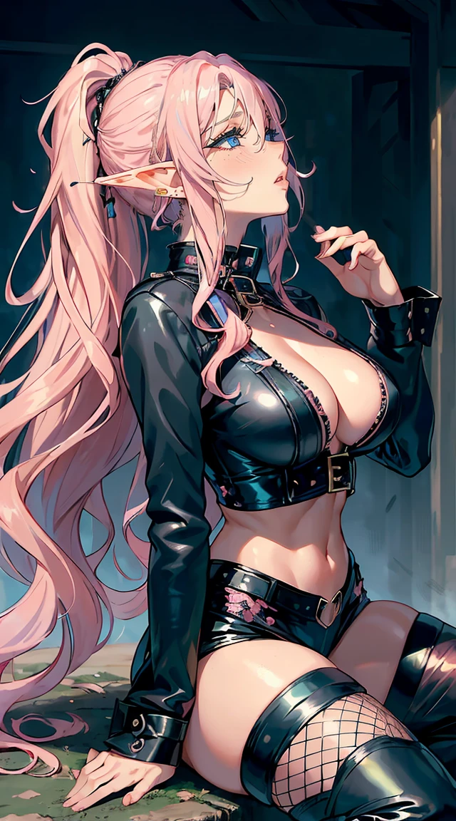 handsome WOMAN,blue-eyes,blue pupils,Long pink hair,Hyperresolution,accuracy,Detailed rendering,(Subtle facial image)(Image of fine hair)(topquality)(Masterpieces of masters)(High degree of completeness)(A sense of atmosphere)tmasterpiece,Super detailed and super detailed(half-body portrait), long wavy pink hair, (((tHICK WAVY HAIR)))(((ANKLE LENGTH HAIR)))(((Blushing)))(((Huge breasts)))(((LARGER BREASTS))) large breasts, bigger breasts (((Bigger breasts))) (((Blushing))) (((Sakimichan))) (((Pink hair))) (((black Rockstar outfit))) (((Leather black outfit))) (((Rockstar)))(((Fishnet tights)))(((cASUAL ROCK OUTFIT))) (((gRUNGE OUTFIT))) (((rOCK MAKEUP))) (((sINGING))) (((bLACK LEATHER OUTFIT))) (((bLACK EYELINER)))(((Fierce expression))) (((Focused))) (((Hair in a long ponytail))) (((Ponytail))) (((Sexy latex outfit)))(((Elf ears)))(((Spotlight))) (((Kissing male elf))) (((Kissing male blonde elf)))