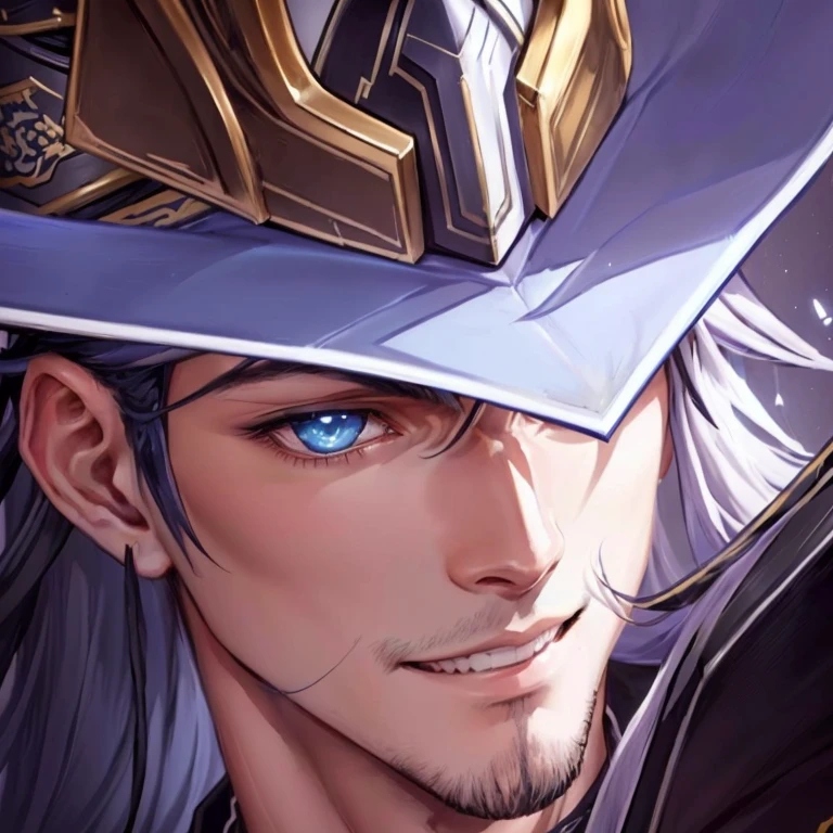 A closeup of a man with a hat on his head, masamune shiro, masamune, zhao yun, Shirow Masamune, Dragon portrait, sylas, ashé, casimir art, Detailed art from the main anime, heise jinyao, malicious smile, avatar image, close da arte do personagem comic arte hq