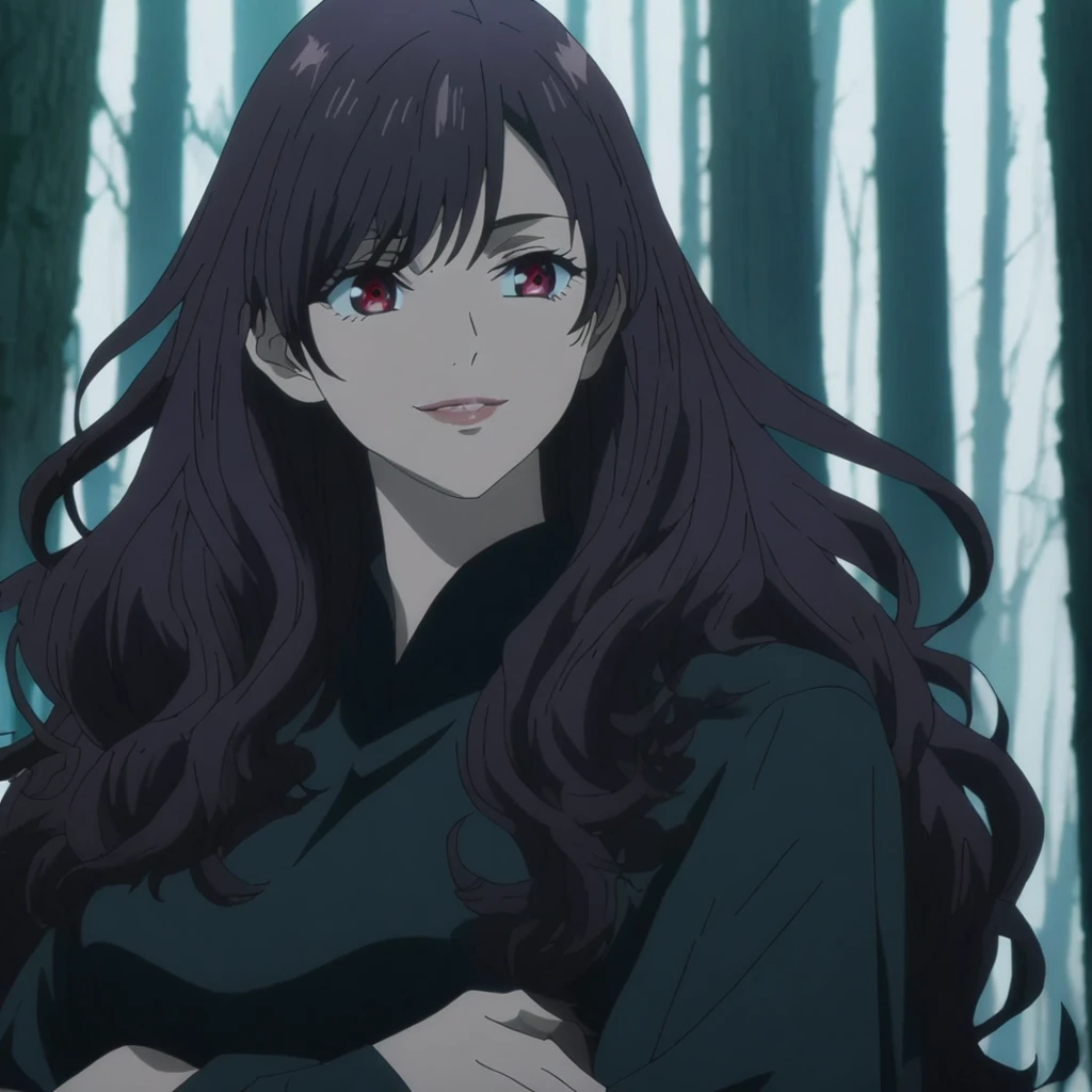 1girl, anime screencap from jujutsu kaisen, solo, very long_hair, ((smooth texture hair)) purple eyes, ((shoulder length hair, wavy hair, swept bangs, red_eye)), breasts, upper_body, smile, forest background, red_eyes, lips, ((wavy hair, shoulder length hair, swept bangs, red_eye)) wearing black color clothes, breast, "very detailed and high resolution" (red eyes) ((cross arms))  ((smooth texture hair)) ((solo)) ((high resolution)) (Good quality) 